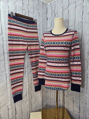 Old Navy Medium Pink Blue Fair Isle Longsleeve Thermal Pajama Set Slim Fit